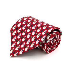 Vintage FN Silk Novelty Tie Snowmen Christmas Trees Festive Made in USA Red